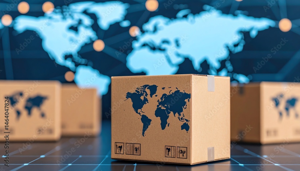 Poster a cardboard box with a world map design sits in front of a digital world map, symbolizing global shi