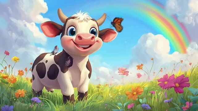 A cheerful cow frolics amidst colorful flowers playfully engaging with butterflies while a bright rainbow arcs overhead in a sunny landscape