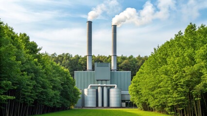 Fototapeta premium Modern factory with two smokestacks emitting smoke, surrounded by lush green trees under a blue sky.