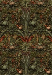 Fototapeta premium Dark Green & Red Floral Damask Pattern