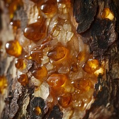 Amber Resin Droplets on Tree Bark Close up Macro Photography of Nature s Texture