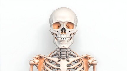 Detailed anatomical rendering of a human skull and upper torso skeleton against a white background