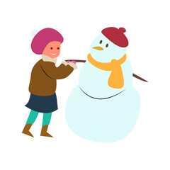 Girl Decorating Winter Snowman Outdoors