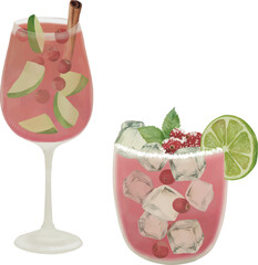 Mistletoe Margaritas, Cranberry Apple Sangria, vector, watercolor, printable illustration, party drinks, bar cocktails, cocktail set, for menu