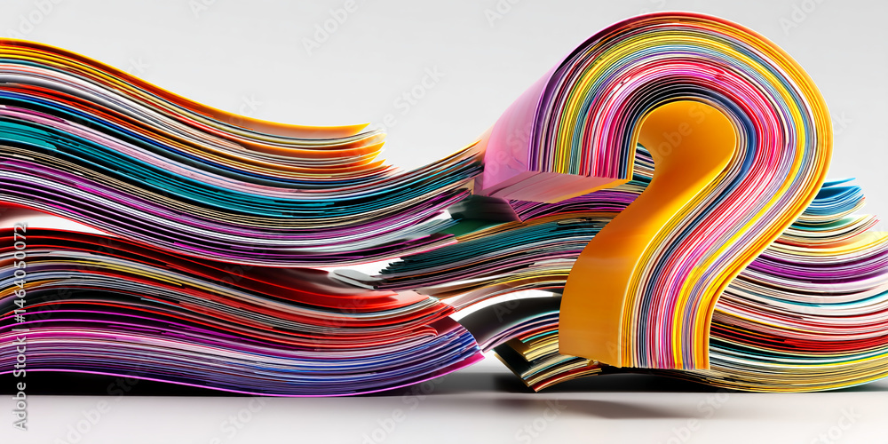 Poster colorful layered paper forming a question mark, abstract design symbolizing curiosity, questions, an