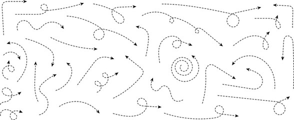 Hand drawn dotted arrows. Curved arrow. Zigzag arrow stripes design with dotted lines. Doodle, sketch style