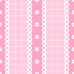 Seamless pattern with cute chamomile flowers, hearts, and gingham background. Vector spring design perfect for fabric, gift wrap, and children products
