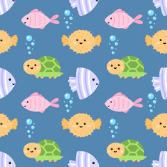 Adorable underwater pattern featuring sea urchins, shells, and marine life in soft colors. Seamless vector background ideal for summer wrapping paper and childrens clothing