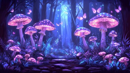 Enchanting moonlit forest path with luminous mushrooms and fluttering butterflies