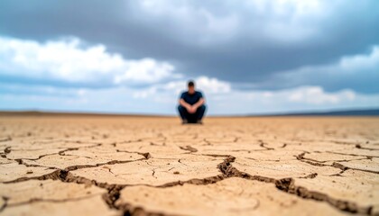Obraz premium A person sits alone on cracked earth under a cloudy sky, symbolizing desolation and the impact of drought