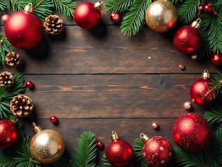 Festive baubles, pinecones, & star ornament scattered on rustic wood table, holiday, christmas