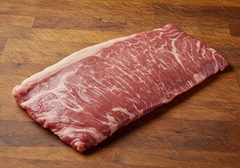 Raw Flank Steak on Wooden Board with Natural Grain Marbling Pattern
