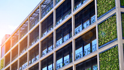 Green office building with plants on the facade. Ecology and green living in city, urban environment concept. Eco architecture. 
