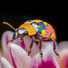 Vibrant Rainbow Beetle Macro Photography on Pink Flower Close Up Insect Detail