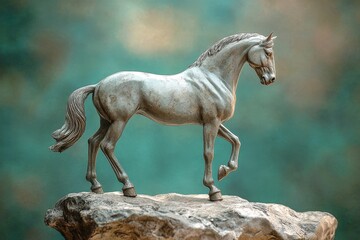 Fototapeta premium Detailed sculpture of a horse in motion atop a rock.