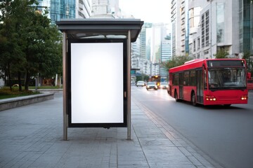 A stunning image of white empty information mock-up on city bus stop, blank vertical billboard near paved road with red touristic bus, clear placeholder frame in urban settings.