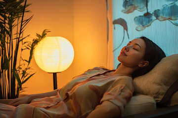 The room has a gentle glow from a nearby lamp, and the air is still. A woman is reclining on the sofa, eyes closed