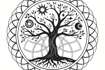 84 Surreal tree of life, intricate black and white illustration, celestial symbols, cosmic imagery, twisting branches, serpentine roots, circular cosmic bodies, sun and moon motifs, mystical art, deta