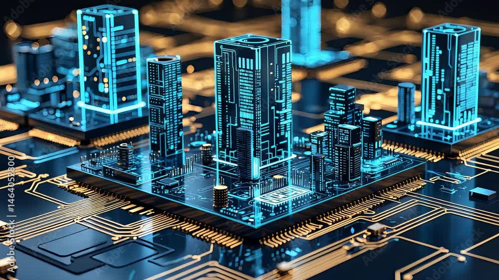 Poster futuristic digital cityscape built on a circuit board with glowing neon skyscrapers representing adv