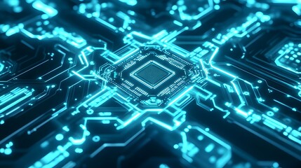 Glowing blue circuit board with central processor