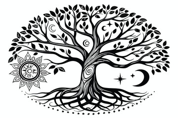 84 Surreal tree of life, intricate black and white illustration, celestial symbols, cosmic imagery, twisting branches, serpentine roots, circular cosmic bodies, sun and moon motifs, mystical art, deta