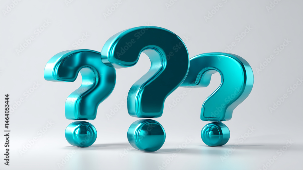 Poster three teal metallic question marks stand on a light gray background, symbolizing inquiry, uncertaint