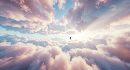 Serene Figure Soaring Above Dreamlike Cloudscape at Sunrise