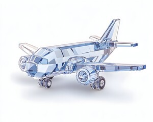 A crystal-clear airplane figurine, meticulously faceted, showcasing intricate details and a sleek design