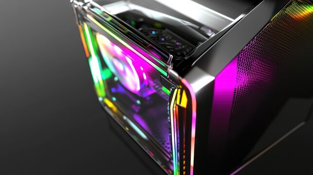 Colorful gaming PC case with RGB lights reflecting on surface