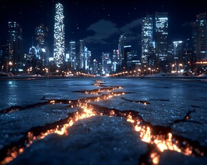 A fiery fissure cracks a frozen city street at night, skyscrapers illuminate the background