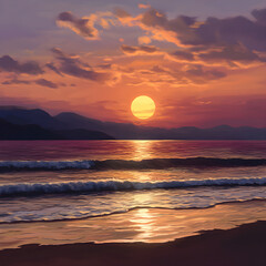 Obraz premium Serene Sunset Over Ocean Horizon with Silhouetted Mountains and Reflective Waters