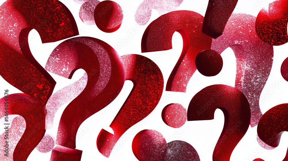 Poster Red textured question marks on white background, creating a dynamic and inquisitive design, symbolizing uncertainty, questions, and problem-solving