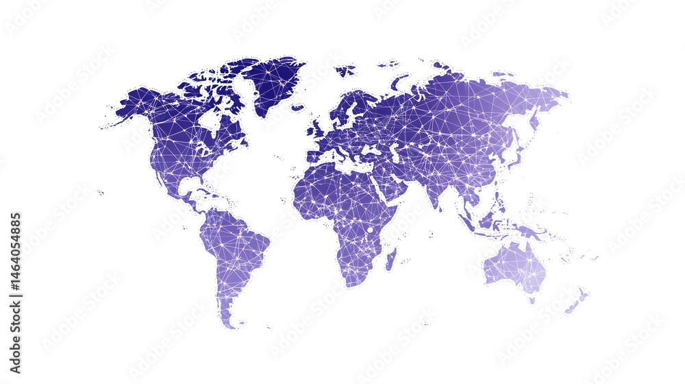 Poster a stylized world map rendered in shades of purple, composed of interconnected nodes forming a networ