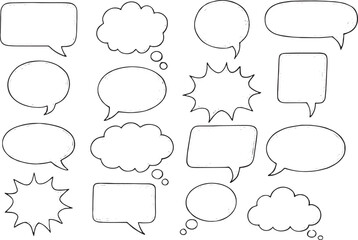 A variety of hand-drawn speech and thought bubbles in different shapes, sizes, and styles, ideal for adding text or dialogue to illustrations and comics
