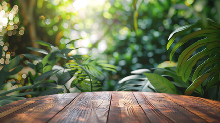Obraz premium Wooden podium in green tropical forest. Wooden table. Pedestal, stand, mockup, empty space for advertising. Eco-friendly, natural design. Green tropical palm and monstera leaves. Blurred background.