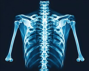 A translucent, ethereal rendering of the upper human torso skeleton, showcasing the spine, ribs, and shoulders in vibrant blue hues against a dark backdrop