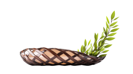 Woven basket with green foliage decoration, cut out transparent