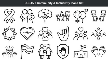 A comprehensive collection of inclusive and supportive lgbtq+ community icon illustrations in black and white.