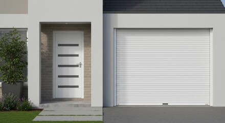 Fototapeta premium Realistic House Exterior View Features Garage White Door Facade Design