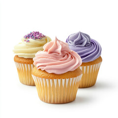 A set of three cupcakes with pastel-colored frosting, decorated with small edible flowers, isolated on a white background.