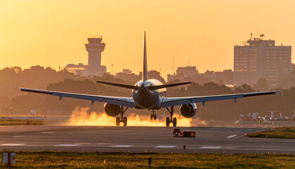 Fototapeta na wymiar Jet Airplane Takeoff: Silhouette Against Golden Sunset's Haze, Ready for Flight's Embrace