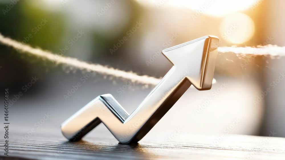 Poster silver arrow pointing upwards on a wooden surface. the arrow is positioned at the top of the image a