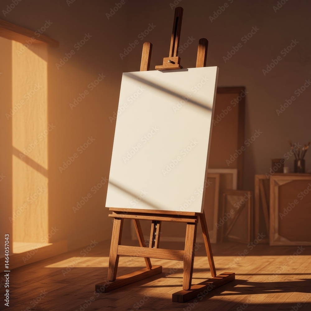 Poster realistic image empty canvas on easel in studio with warm lighting