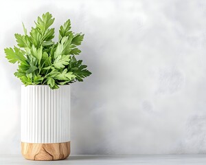 Fresh parsley sprigs in a white ribbed vase with a wooden base against a light marble background
