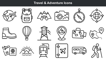 Collection of black and white outline travel and adventure themed icons on white background