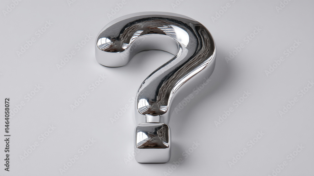 Poster chrome question mark, reflective surface, simple design, isolated on white background, symbolizes in