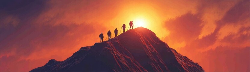 Fototapeta premium Adventurous Hikers Reaching Summit at Sunset in Vibrant Sky Colors