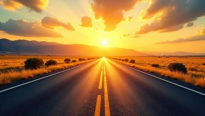 Sun-baked asphalt, endless road, center line distortion, cloudless vista, transportation, heatwave, vista