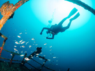 diver diving among fishes and the remains of a sunken ship in the ocean, concept of underwater...