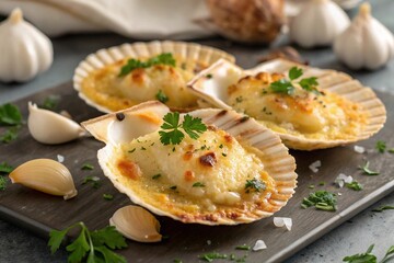 Scallops Saint-Jacques baked under Parmesan cheese with garlic and parsley in shells. High quality photo